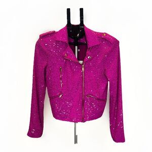 Generation Love Robin Sequined Moto Jacket Zip Long Sleeve Hot Pink S NWT $395